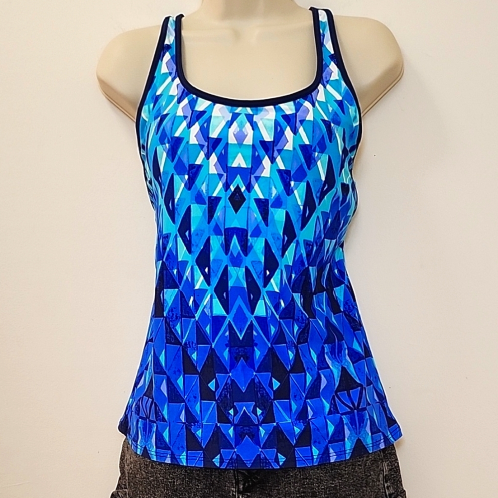 Title Nine Coastal Racerback Armholes Tank Top  Blue Geometric Women's Sz L